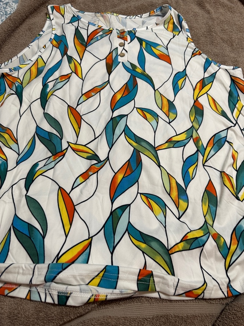 Women's White Sleeveless Print Top with Multicolor Leaf Pattern